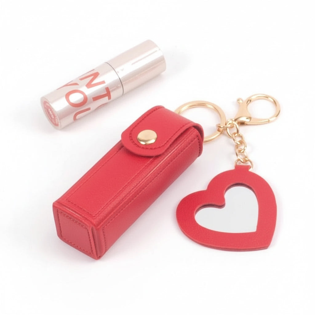 Mini Lipstick Holder Keychain with Heart Mirror