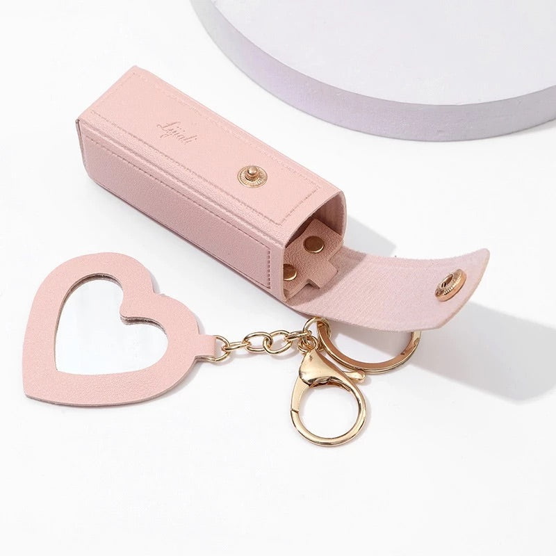 Mini Lipstick Holder Keychain with Heart Mirror