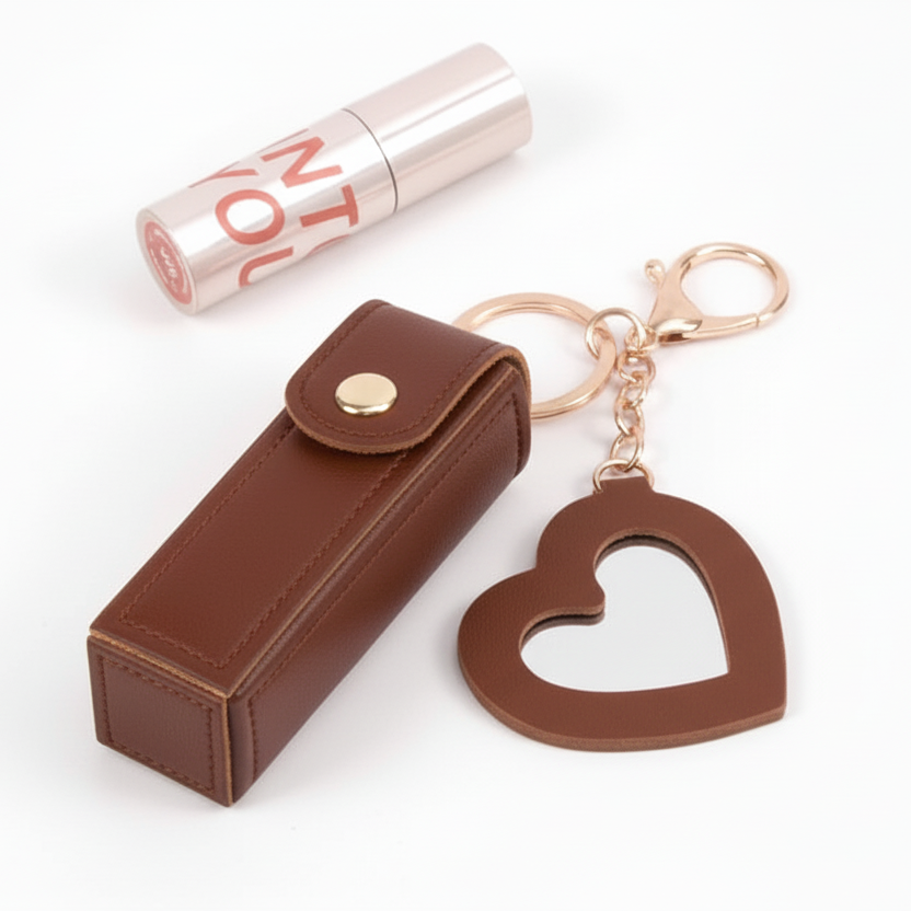 Mini Lipstick Holder Keychain with Heart Mirror