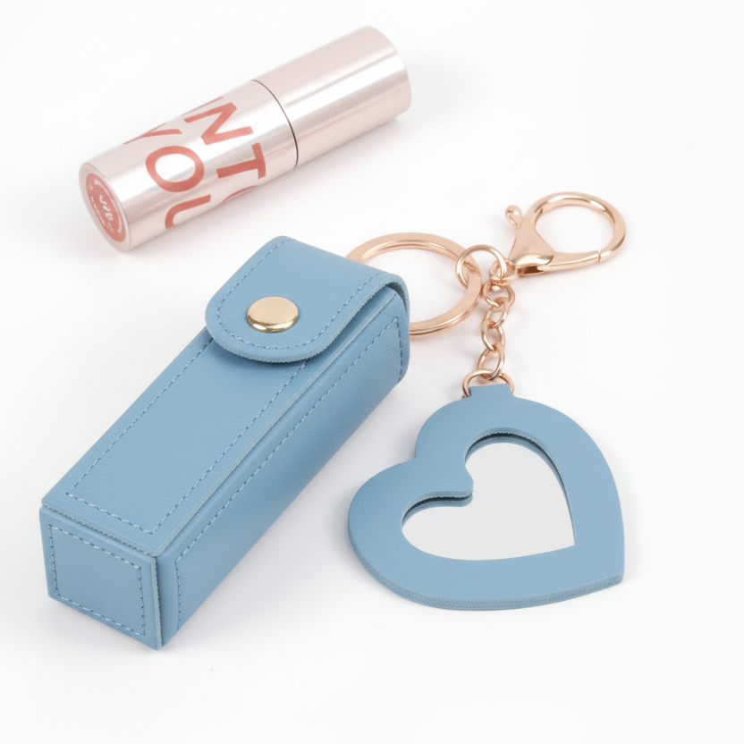 Mini Lipstick Holder Keychain with Heart Mirror