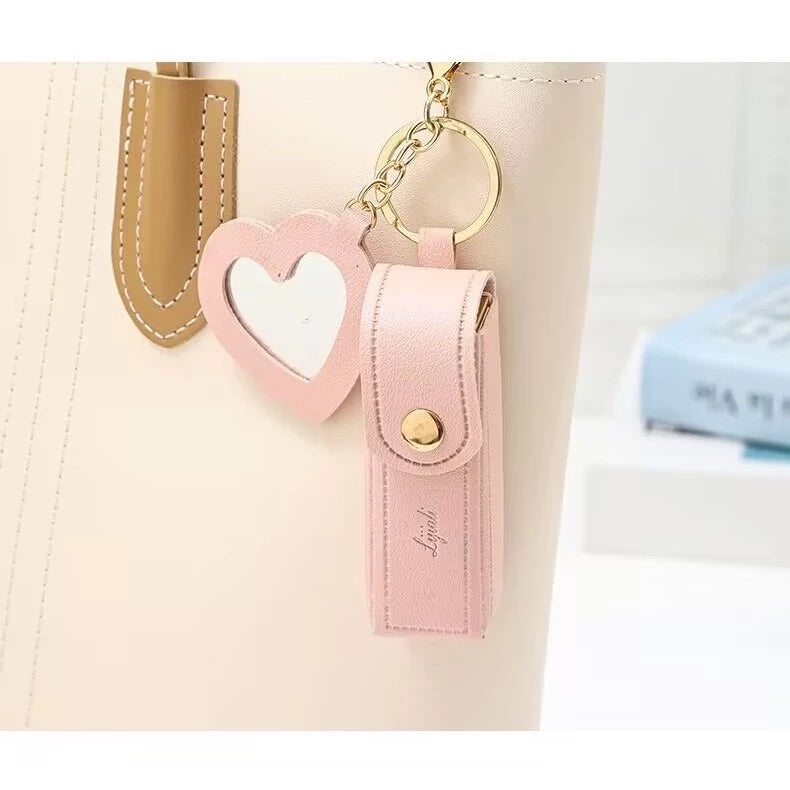 Mini Lipstick Holder Keychain with Heart Mirror