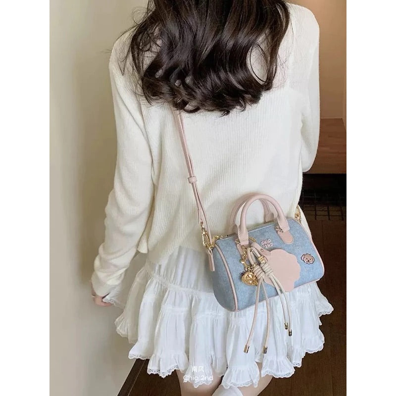 Korean-Style Mini Denim & Leather Bag