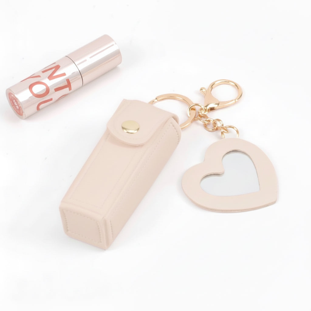 Mini Lipstick Holder Keychain with Heart Mirror