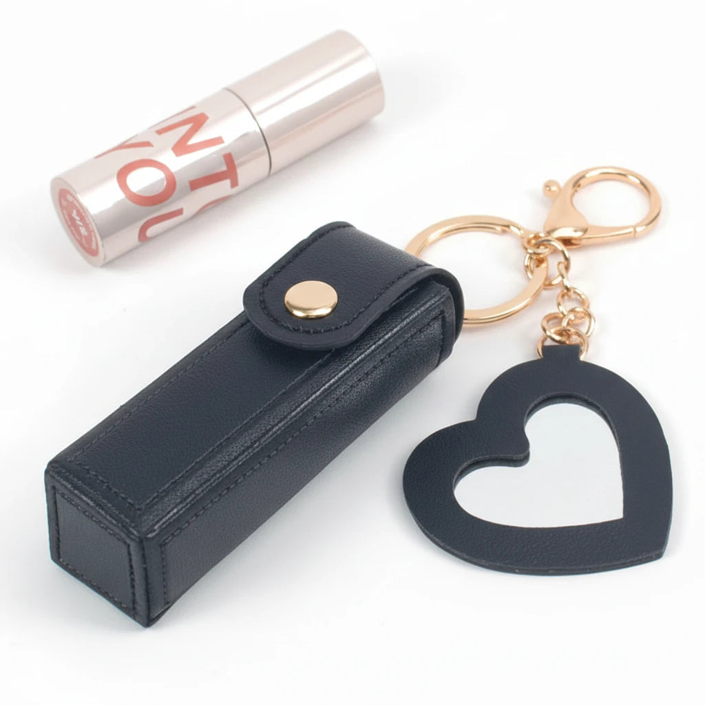 Mini Lipstick Holder Keychain with Heart Mirror